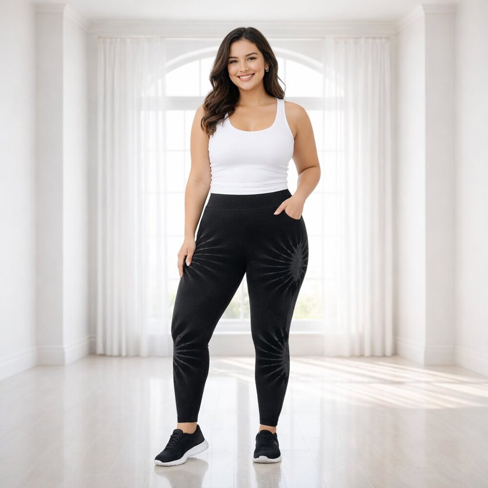 2/$20 SALE Fit 2 Go Black Grey Sunburst Leggings L/XL Stretch High Rise